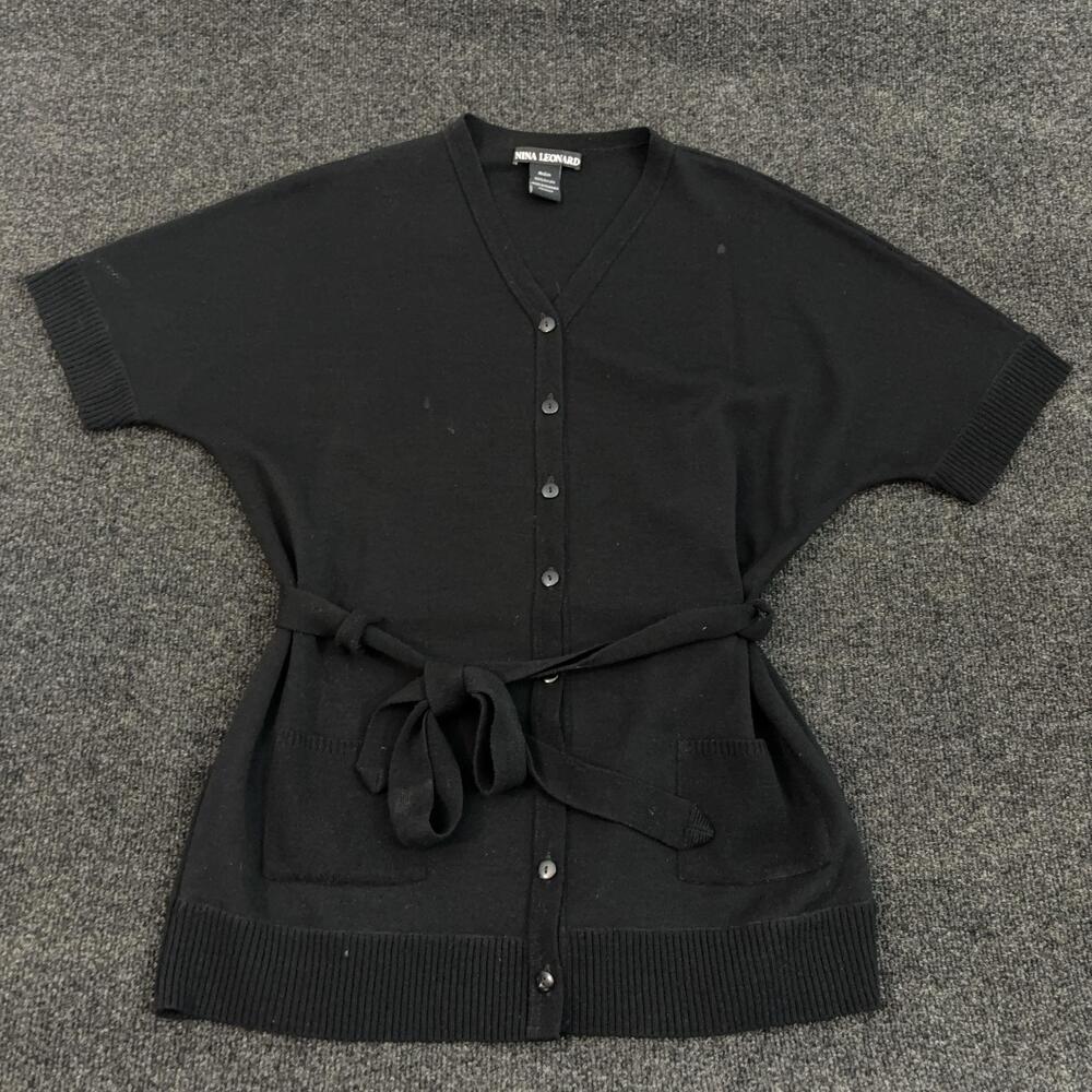 Nina Leonard Cardigan Womens M Black Belted V Neck Short Sleeve Knit Pockets